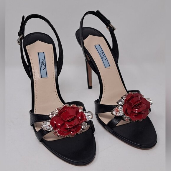 NWOT Prada Women's Black Red Rose Crystals Slingback Sandals Heels 39 EU 9 US - Picture 10 of 15